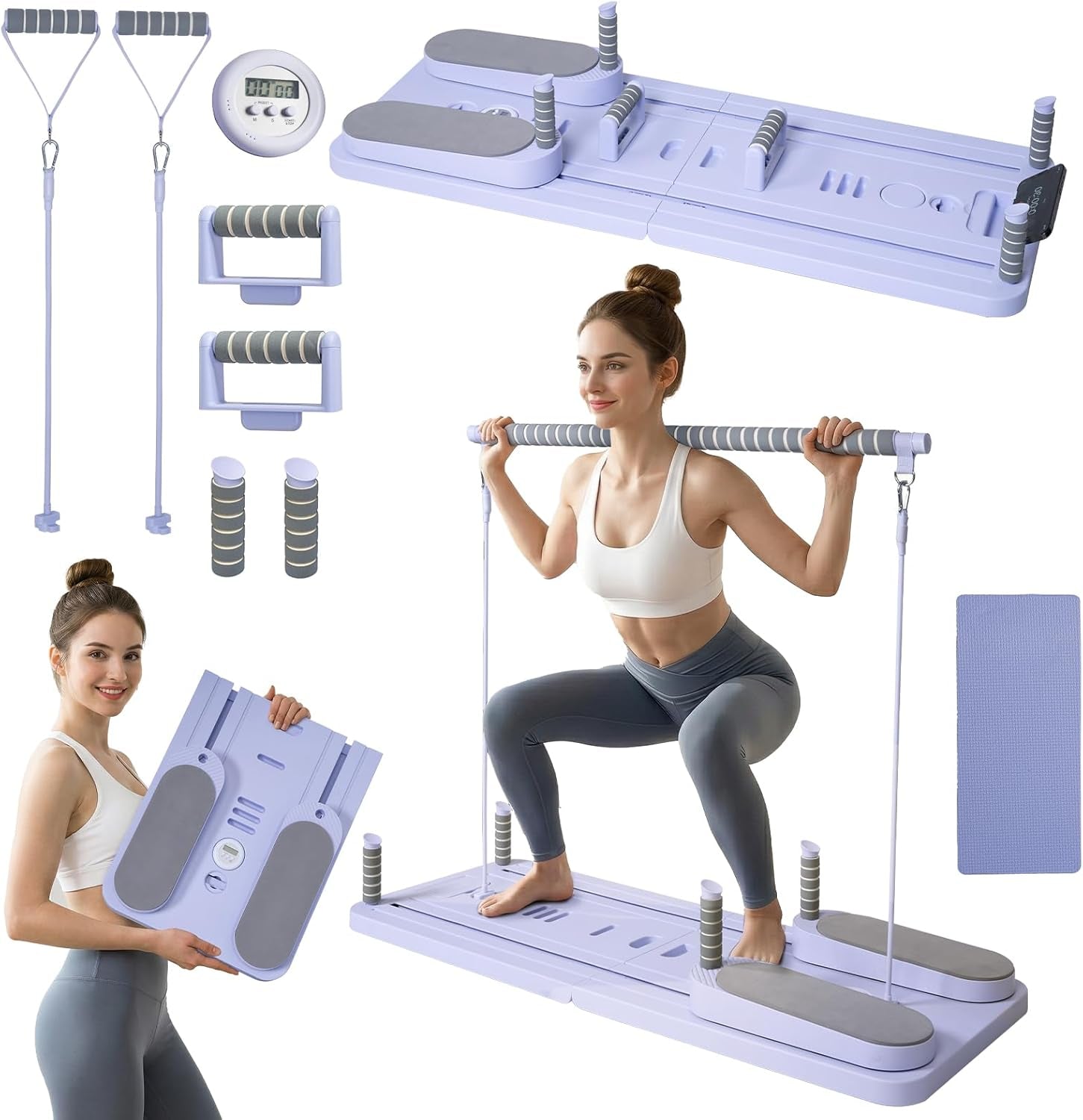 Professional Pilates Reformer Set - Multi-Foldable, Portable Trainer for Home Workouts with Timer for Core and Ab Fitness