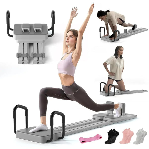 Portable Pilates Reformer Machine with 66.9'' Extended Track for Home Workout Made of Durable Wood and Steel Black and Gray Col
