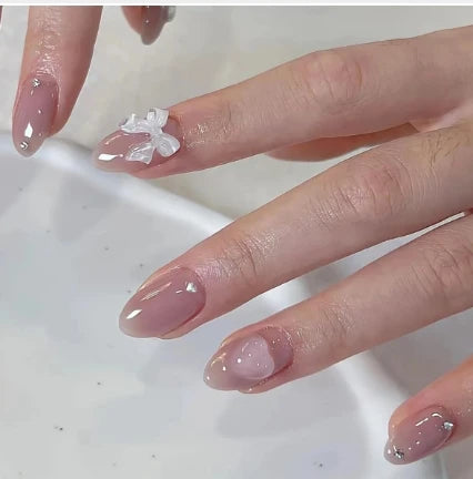 French Almond Nails with Pearl Bow – Effortless Salon Look in Minutes