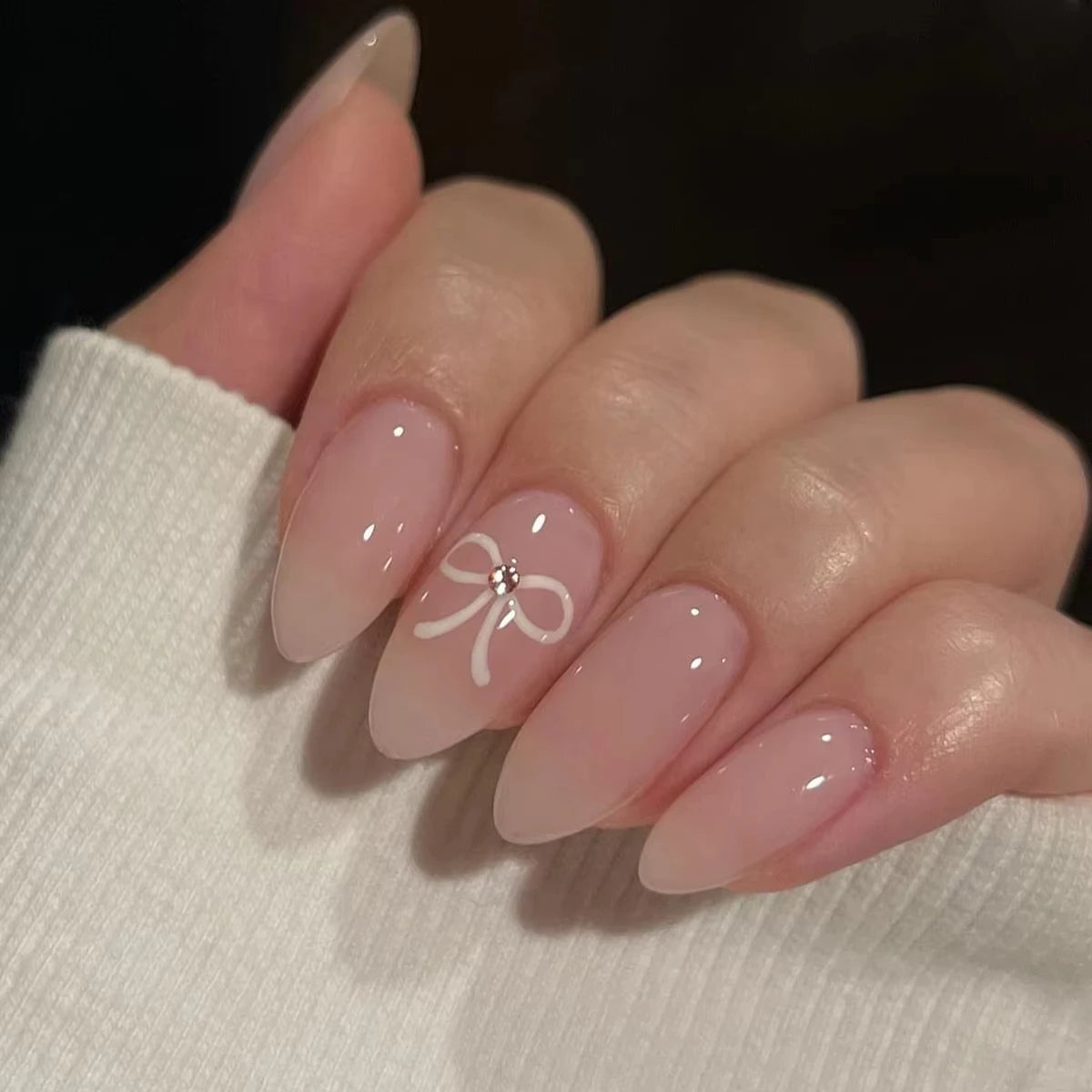 French Almond Nails with Pearl Bow – Effortless Salon Look in Minutes