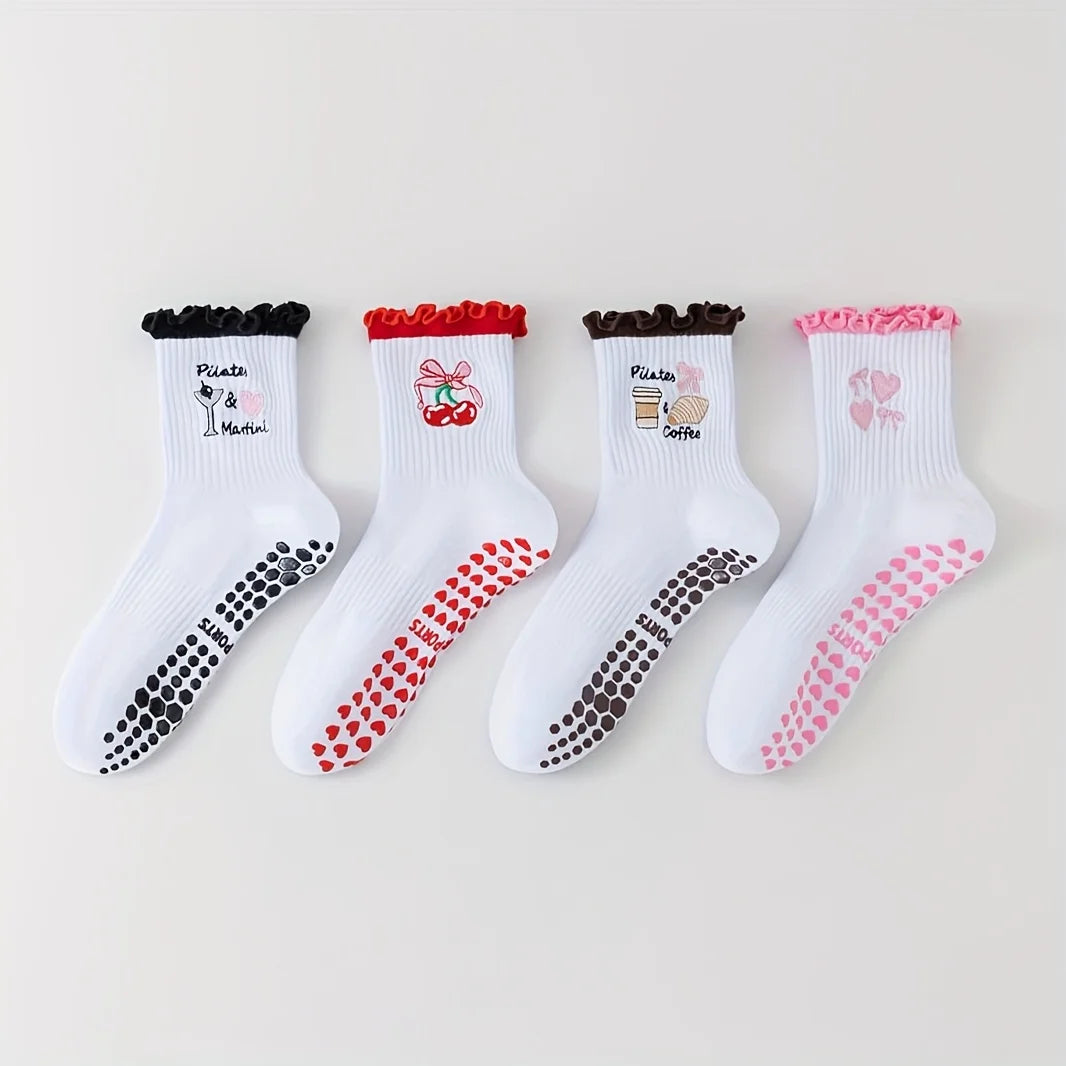 Lace Heart Embroidered Mid-Calf Socks for Pilates & Cozy Movement