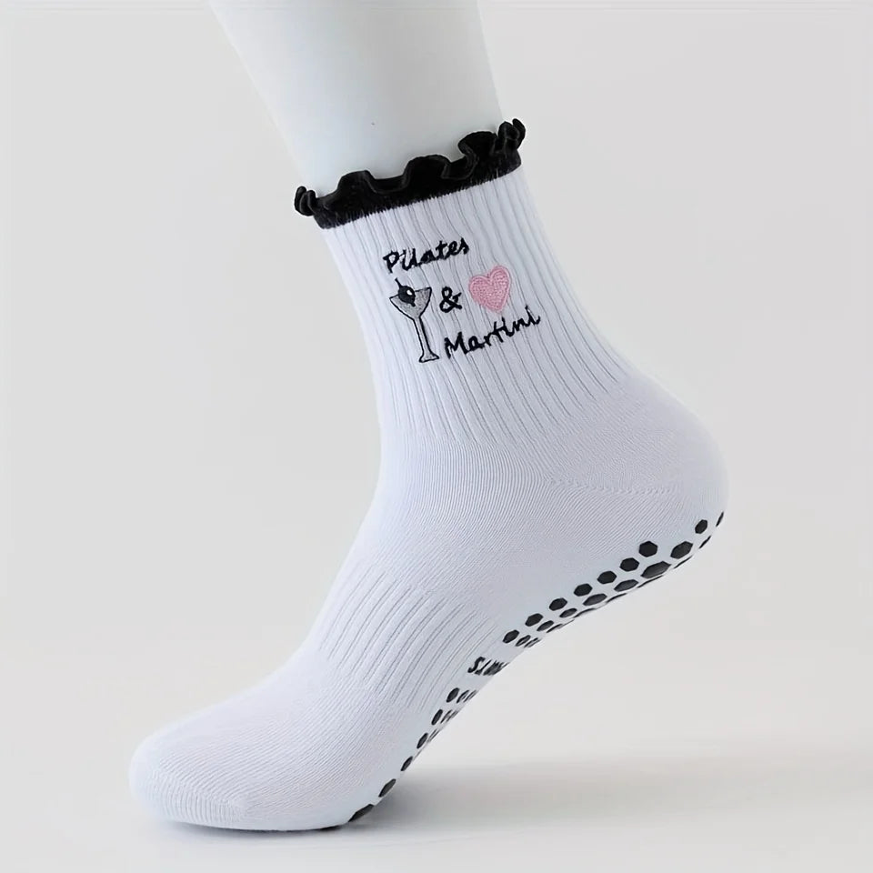 Lace Heart Embroidered Mid-Calf Socks for Pilates & Cozy Movement