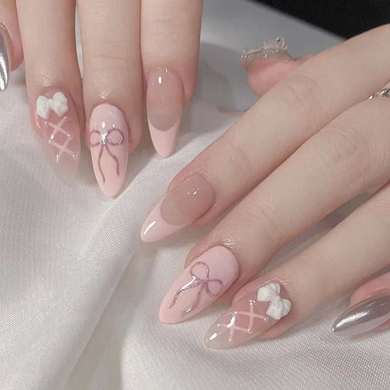 French Almond Nails with Pearl Bow – Effortless Salon Look in Minutes