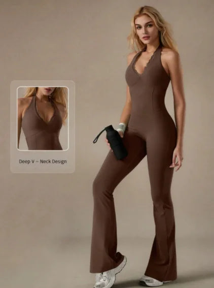 Seamless One-Piece Yoga Bodysuit with Flare Pants for Soft Movement & Training