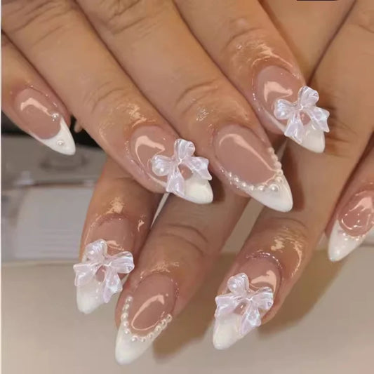 French Almond Nails with Pearl Bow – Effortless Salon Look in Minutes