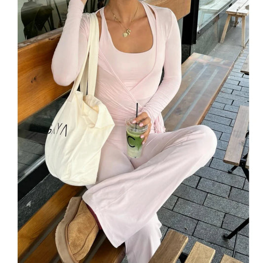 V-Neck Wrap Crop Top & High Waist Flare Pants Two-Piece Outfit