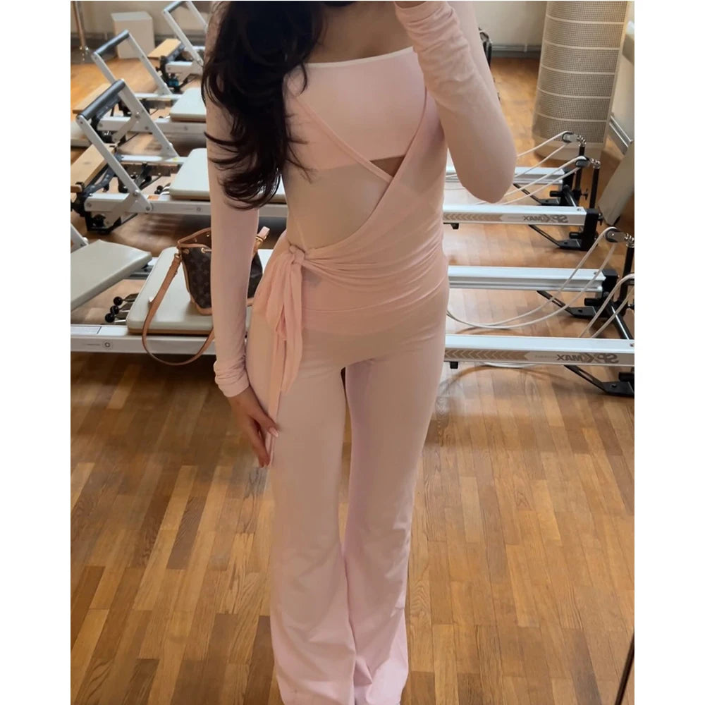 V-Neck Wrap Crop Top & High Waist Flare Pants Two-Piece Outfit