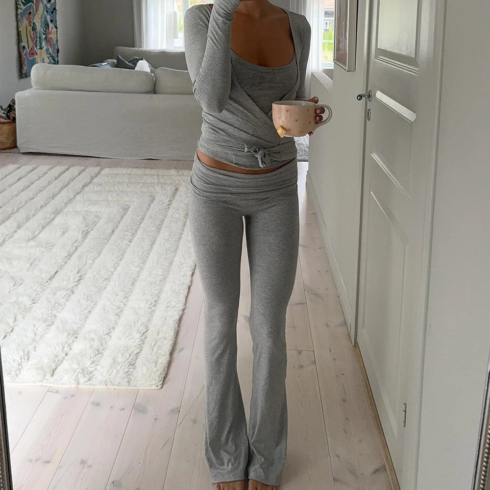 V-Neck Wrap Crop Top & High Waist Flare Pants Two-Piece Outfit