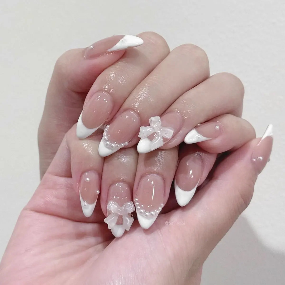 French Almond Nails with Pearl Bow – Effortless Salon Look in Minutes