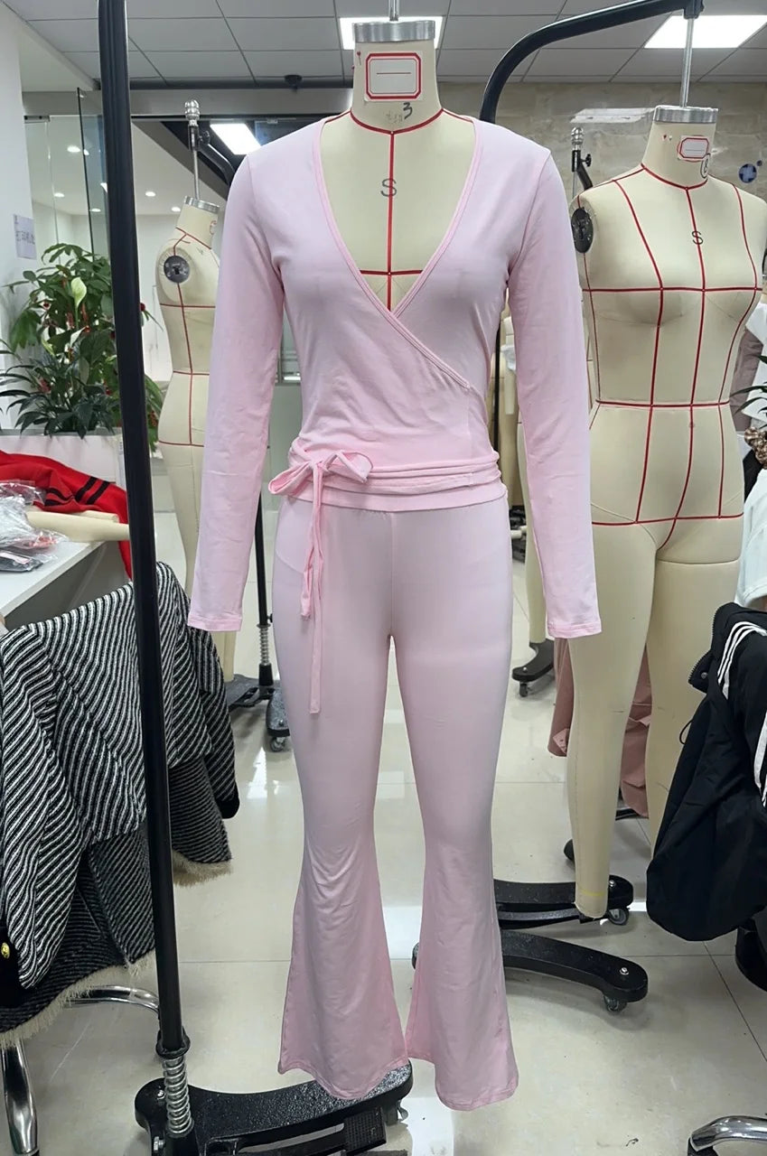 V-Neck Wrap Crop Top & High Waist Flare Pants Two-Piece Outfit
