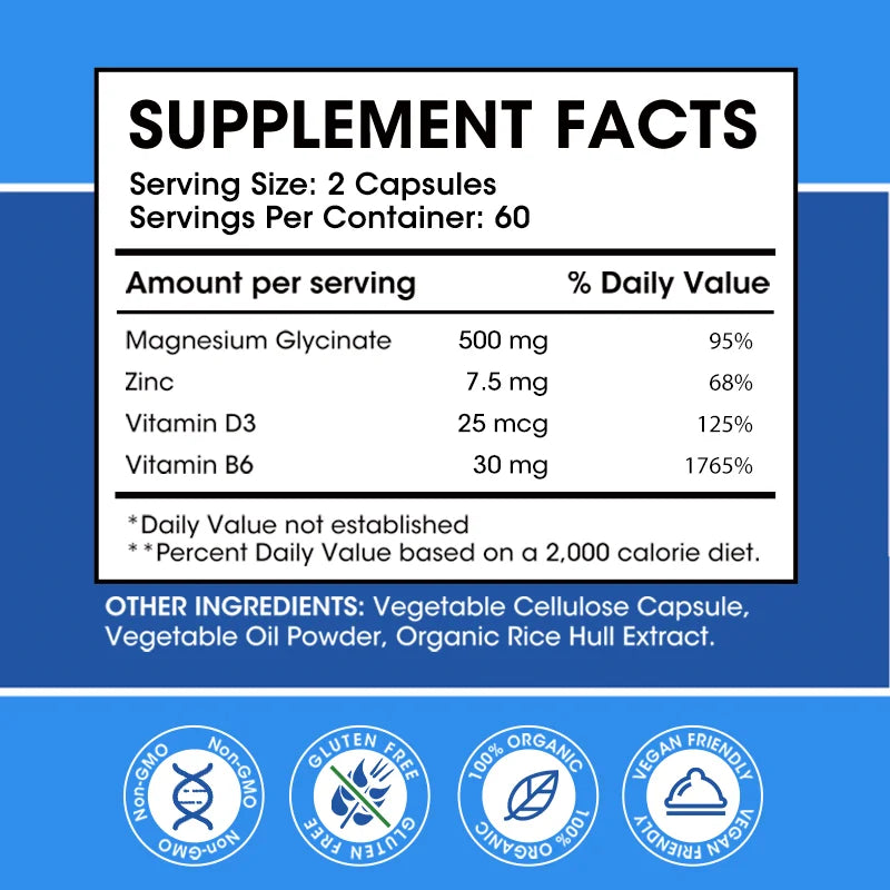 Magnesium Glycinate 500mg with Zinc, Vitamin D3 & B6