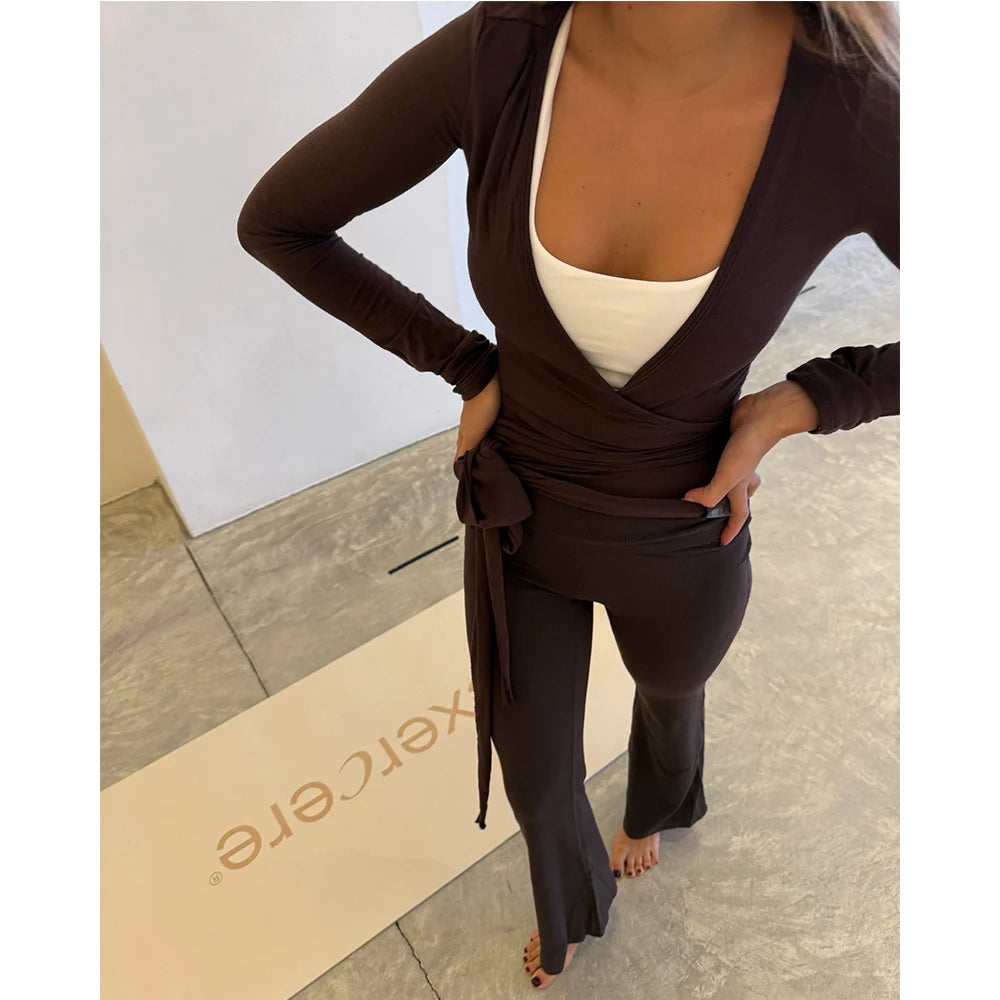 V-Neck Wrap Crop Top & High Waist Flare Pants Two-Piece Outfit