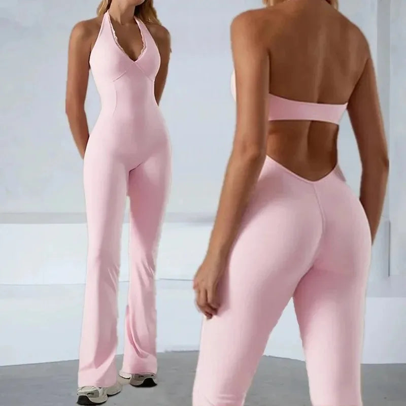 Seamless One-Piece Yoga Bodysuit with Flare Pants for Soft Movement & Training