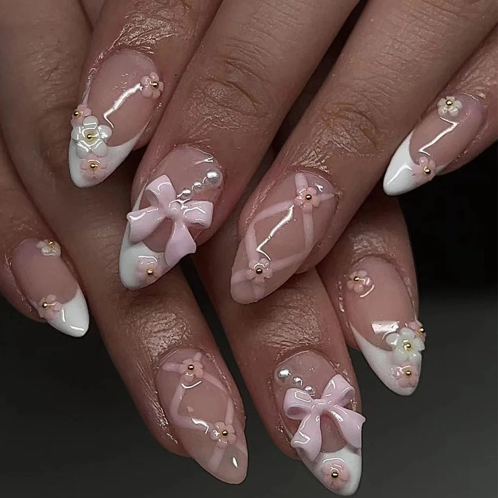 French Almond Nails with Pearl Bow – Effortless Salon Look in Minutes