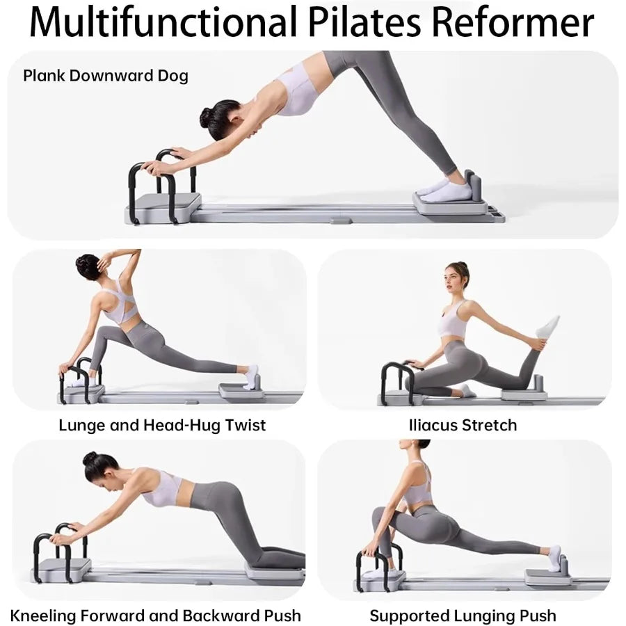 Portable Pilates Reformer Machine with 66.9'' Extended Track for Home Workout Made of Durable Wood and Steel Black and Gray Col